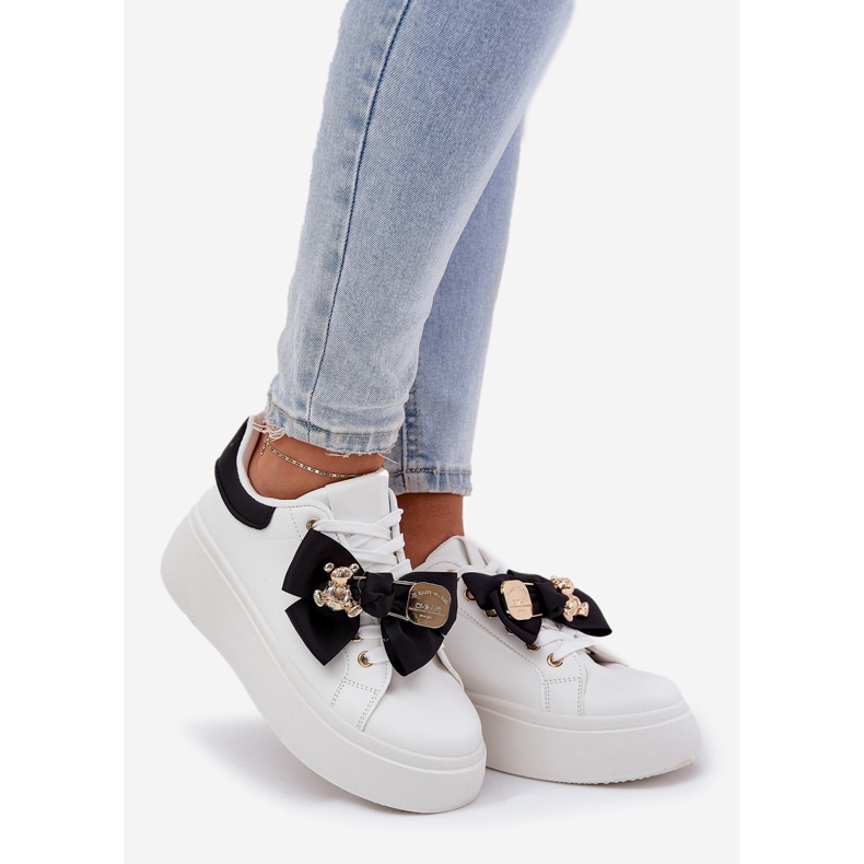 Women's sneakers with a bow and a brooch with a white and white teddy bear 1