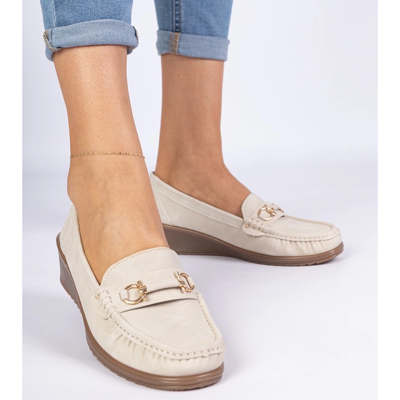 Beige Women's Moccasins on wedge with a matte finish 1 Beige Women's Moccasins on wedge with a matte finish 1