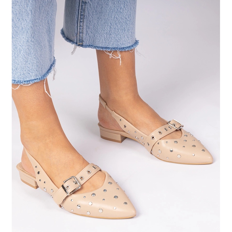 Beige, flat -heeled women's pumps with an open heel and rhinestones 2 Beige, flat -heeled women's pumps with an open heel and rhinestones 2