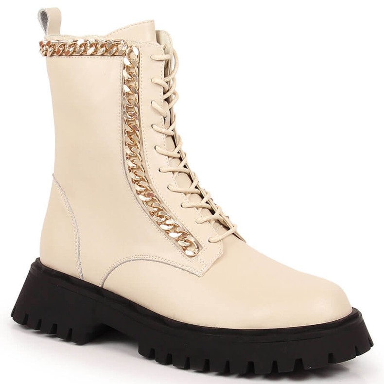 Women's leather ankle boots with a chain, insulated beige Artiker 1