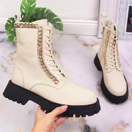 Women's leather ankle boots with a chain, insulated beige Artiker 2