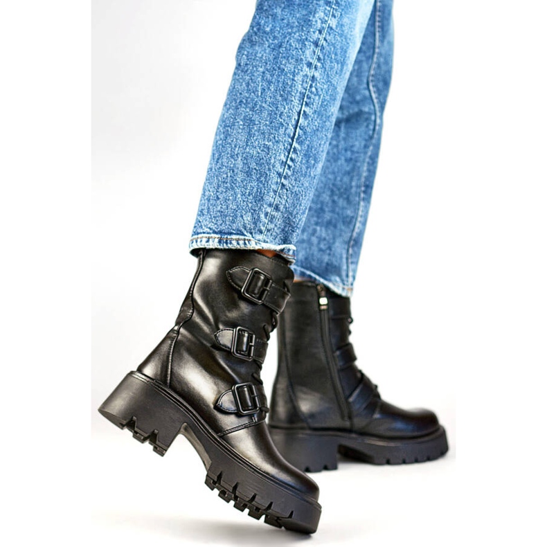 Women's high motorcycle boots with buckles, black GD-FL2206B 1