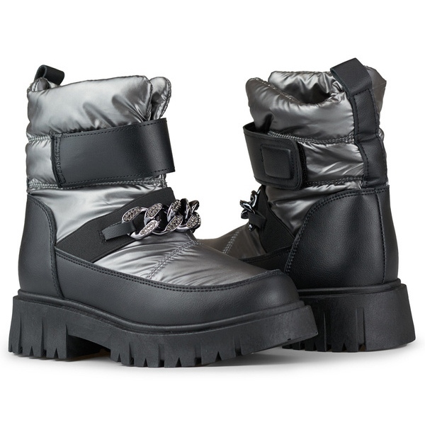 Women's snow boots with a velcro chain, metallic silver, JH-5SI 2