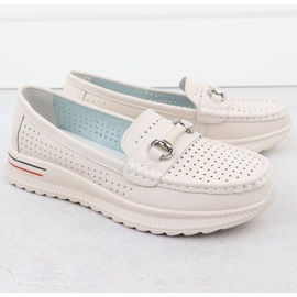 Openwork leather shoes, beige loafers Vinceza 95331 2
