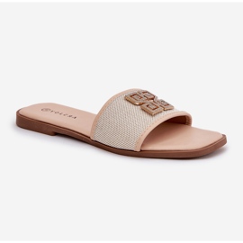 Elegant women's flip flops with flat -heed decoration beige 4