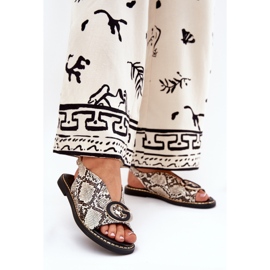 Flat sandals with a snake decoration beige-brown pattern 2