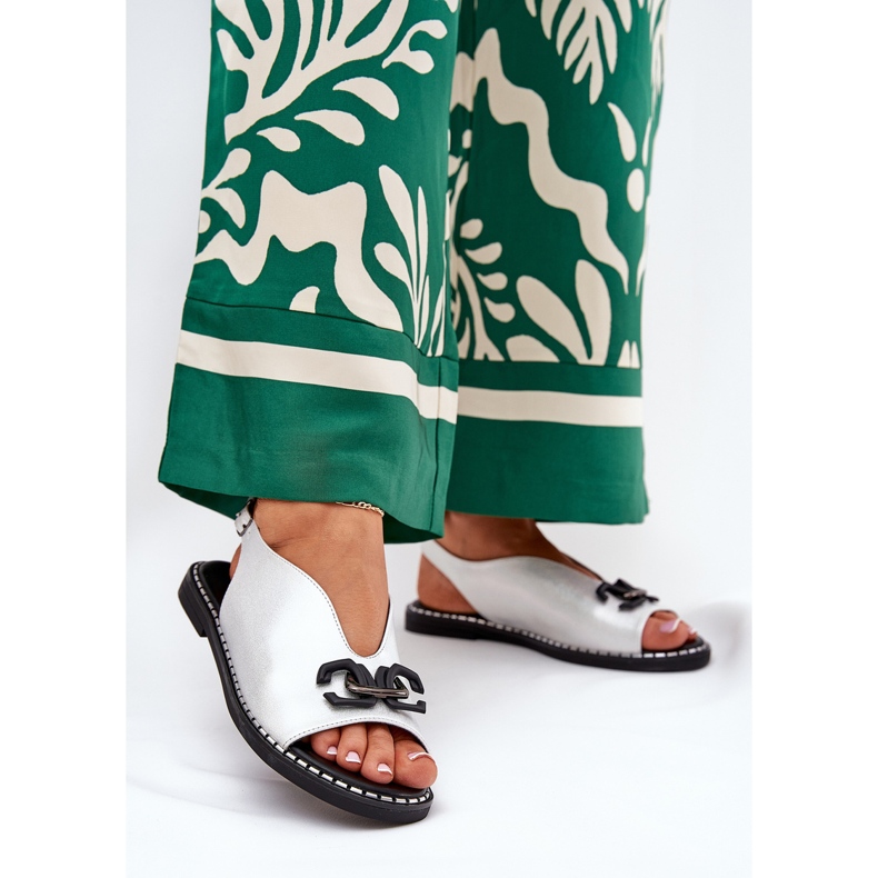 Flat -heeled sandals with an eco ornament silver leather 2