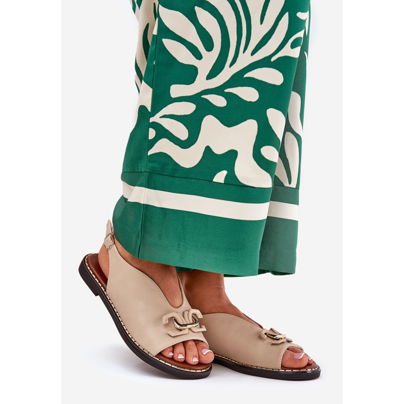 Flat -heeled sandals with an ornament of eco leather beige 1