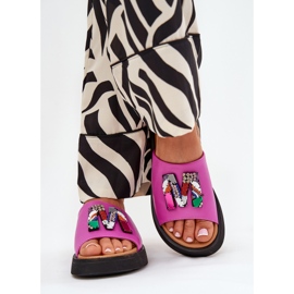 Vinceza Women's leather flip flops with an ornament of fuchsia pink 2