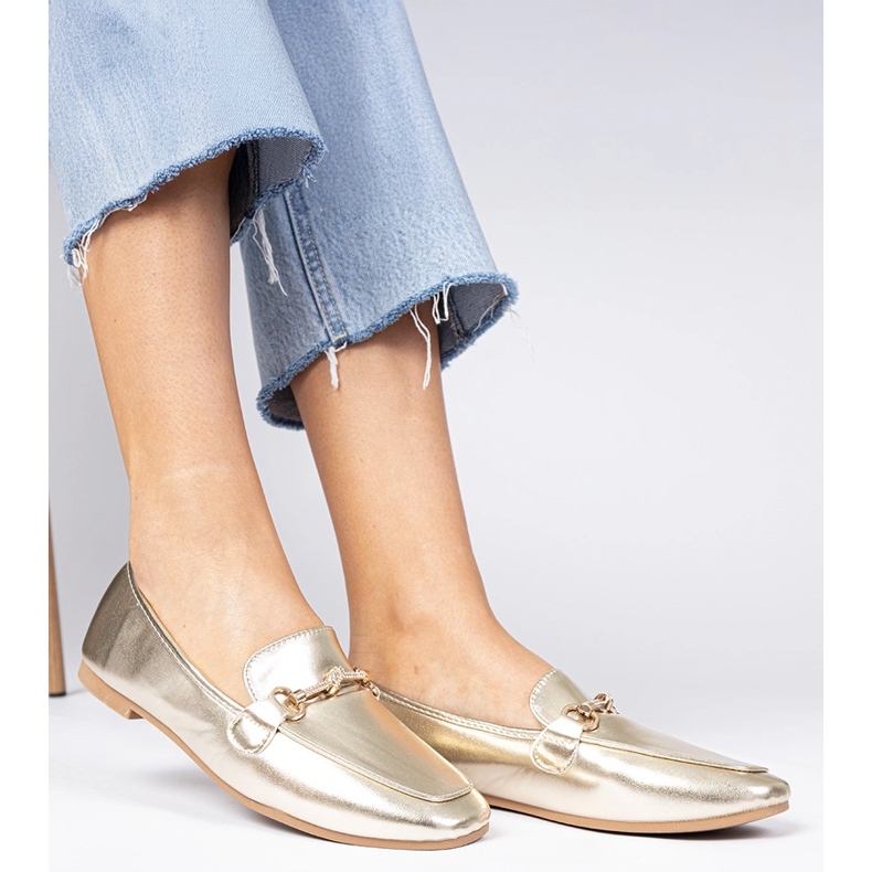 Golden elegant loafers with a golden decoration and zircons 1 Golden elegant loafers with a golden decoration and zircons 1