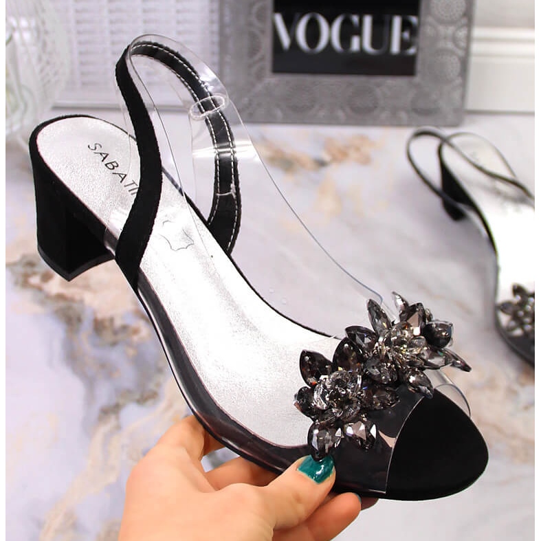 Women's transparent sandals on a block with stones in black Sabatina 2014-600 1