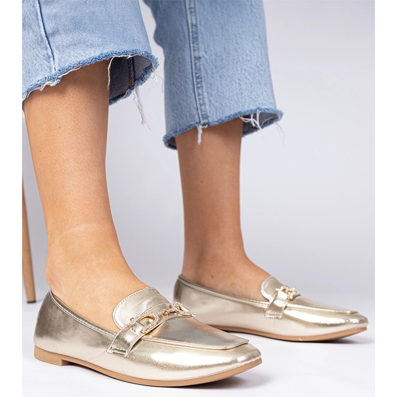 Golden elegant loafers with zircons 1