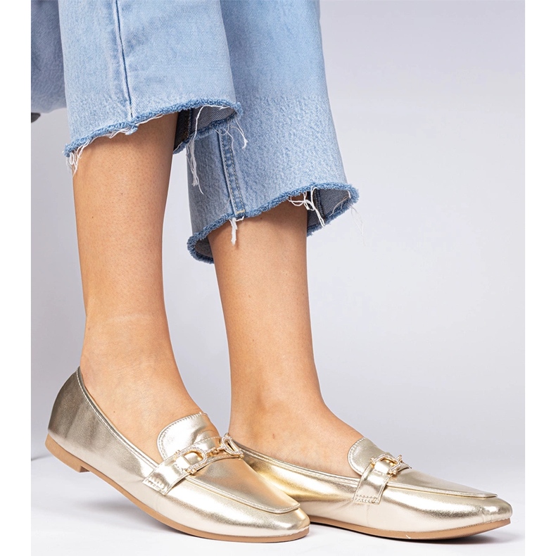 Golden elegant loafers with zircons 2