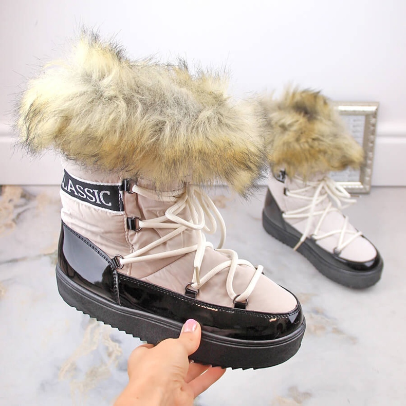Women's platform lace-up snow boots with fur, beige Vinceza 34630 2