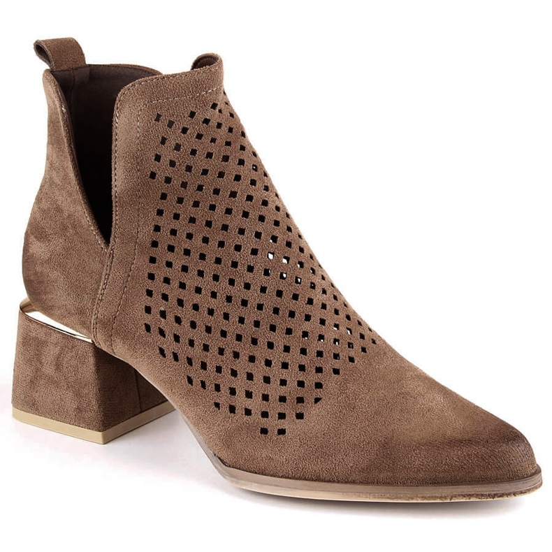 Suede women's openwork high-heeled boots brown Potocki SZ12356 1