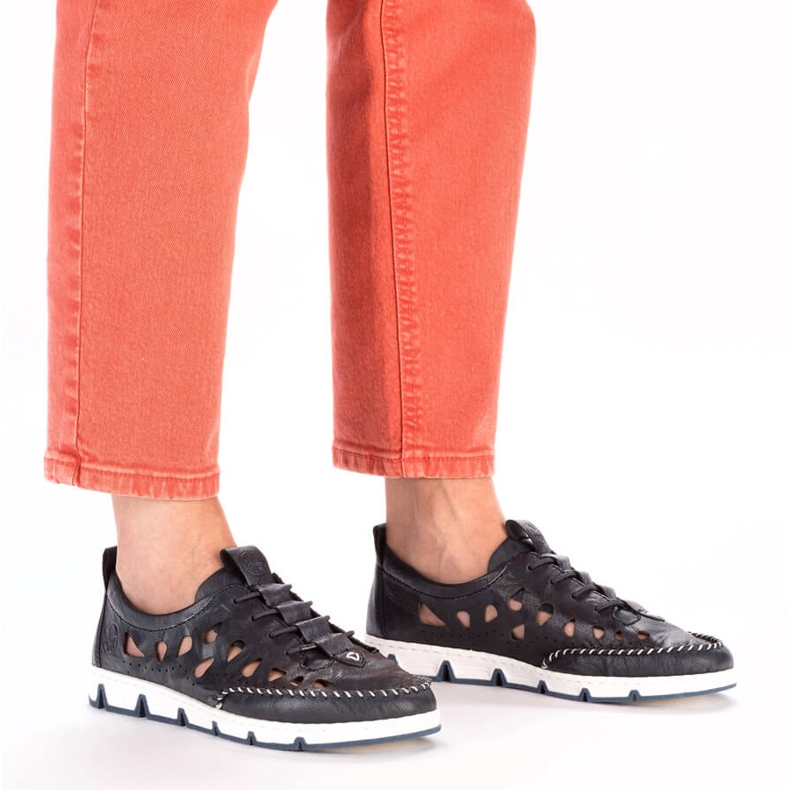 Women's leather openwork slip-on shoes, navy blue Rieker 49956-14 1
