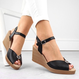 Black leather women's wedge sandals with decoration Filippo DS6026 1