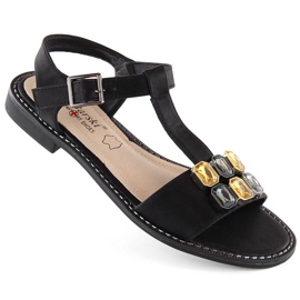 Comfortable black women's sandals with cubic zirconia S.Barski 030 1