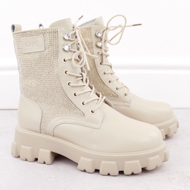 Women's leather ankle boots with zircons beige Goe OO2N4108 2