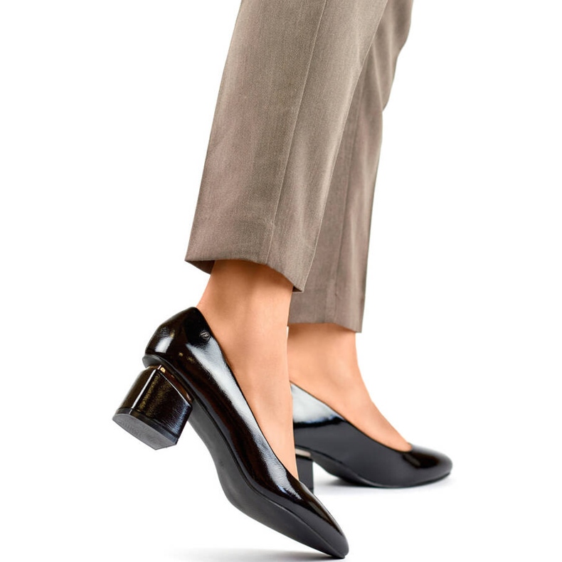 Women's pointed-toe pumps with a low block, patent black, GD-XR-387B 1