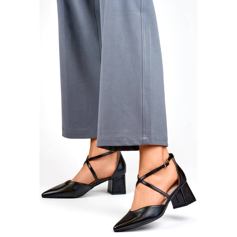 Women's pumps with straps on a low heel, black GD-FL1150B 2