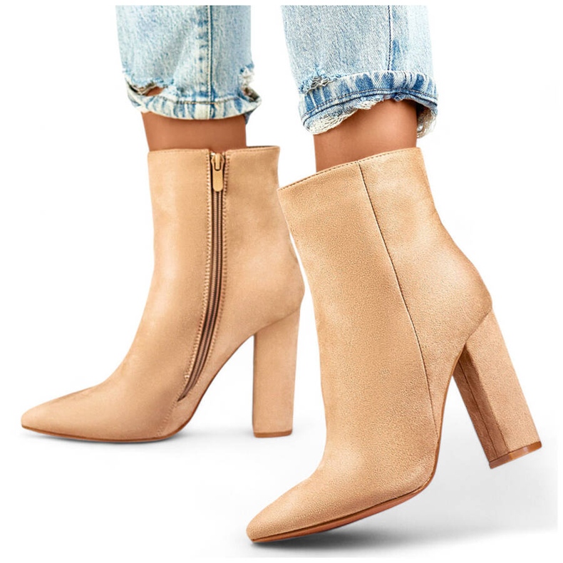 Women's suede ankle boots with a pointed heel, beige D7959B 1