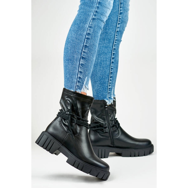 Women's ankle boots with an elastic upper, lace-up, black DE1127P-B beige 1