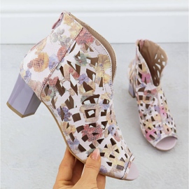 Women's openwork Open Toe boots with flowers M. Daszyński MR1954-15 pink 1