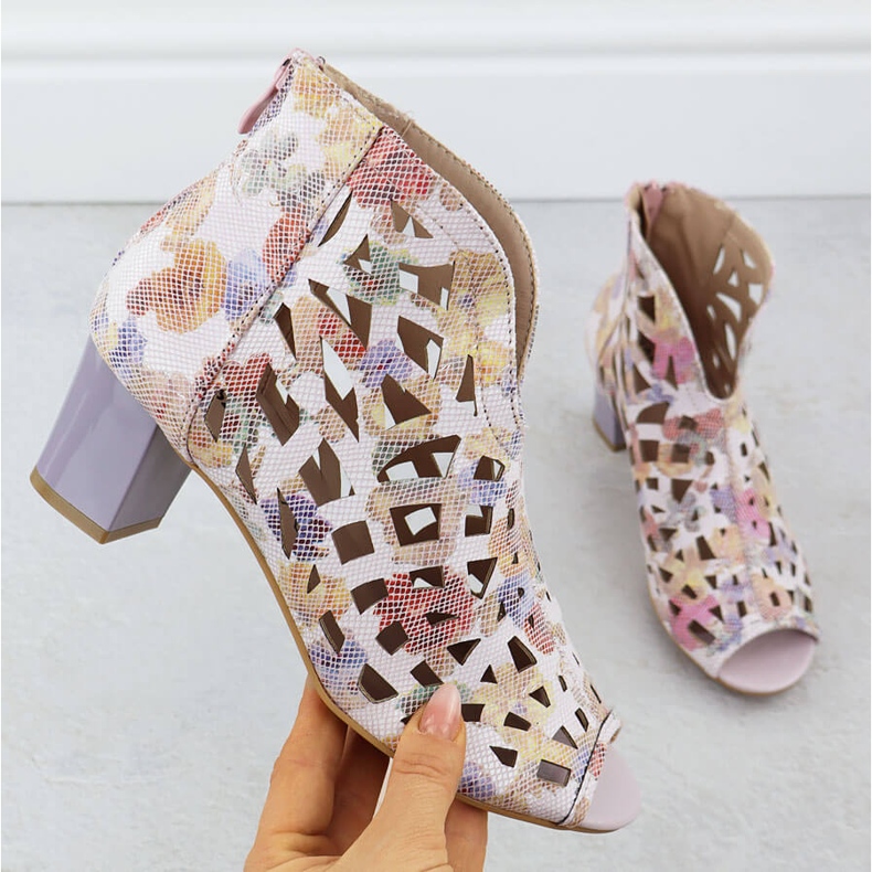 Women's openwork Open Toe boots with flowers M. Daszyński MR1954-15 pink 1