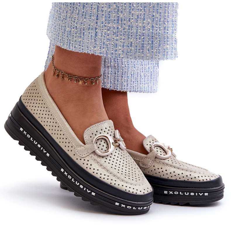 Shiny Leather Women's Moccasins On The Platform With Decoration S.Barski LR750 Gold golden 4