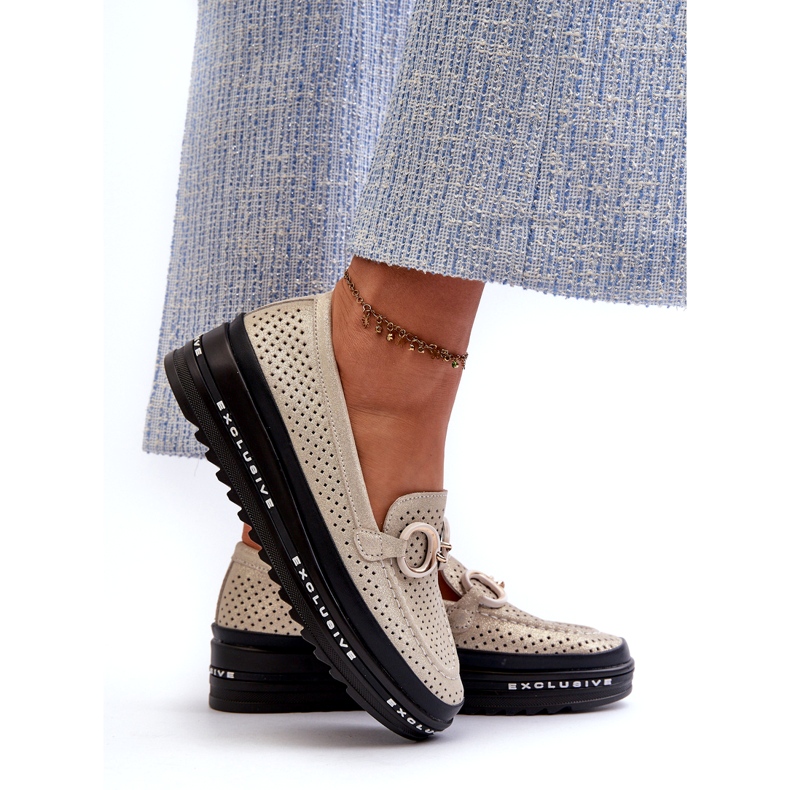 Shiny Leather Women's Moccasins On The Platform With Decoration S.Barski LR750 Gold golden 2