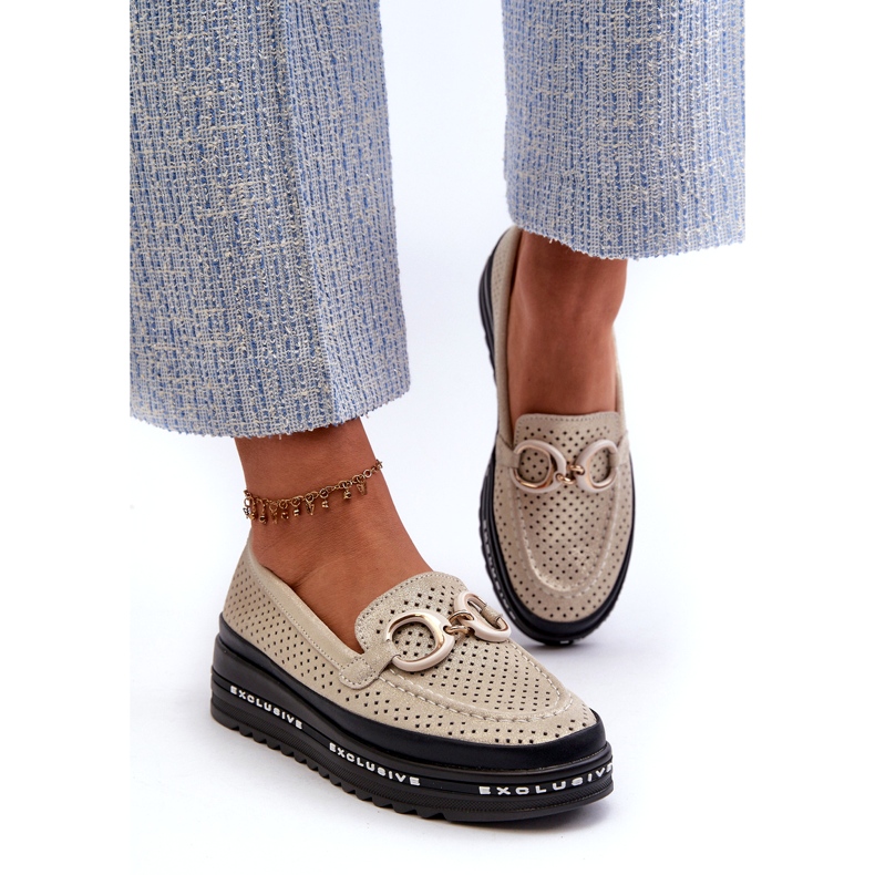 Shiny Leather Women's Moccasins On The Platform With Decoration S.Barski LR750 Gold golden 1