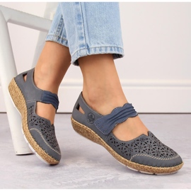 Women's leather openwork shoes with Velcro, blue Rieker 44896-15 1