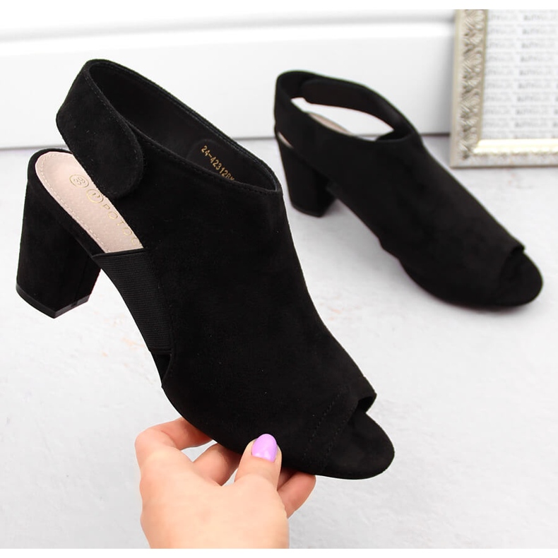 Women's suede full heel sandals with velcro, black Potocki CA42312 1