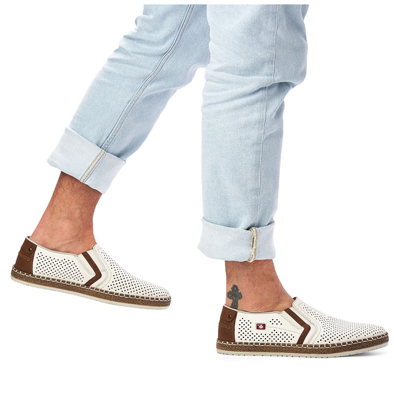 Men's openwork leather shoes, white rieker B5297-80 2