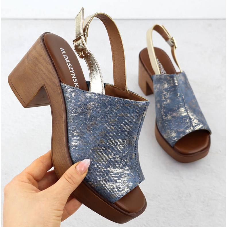 Women's sandals on the pillar, gold-plated M. Daszyński MR23126-7 blue 1
