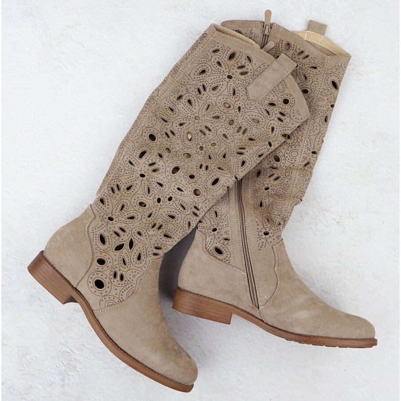 Women's openwork boots suede beige s.barski HY51-176 1