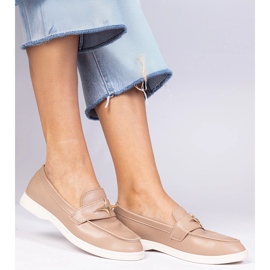 Dark beige women's loafers with a golden decoration 2