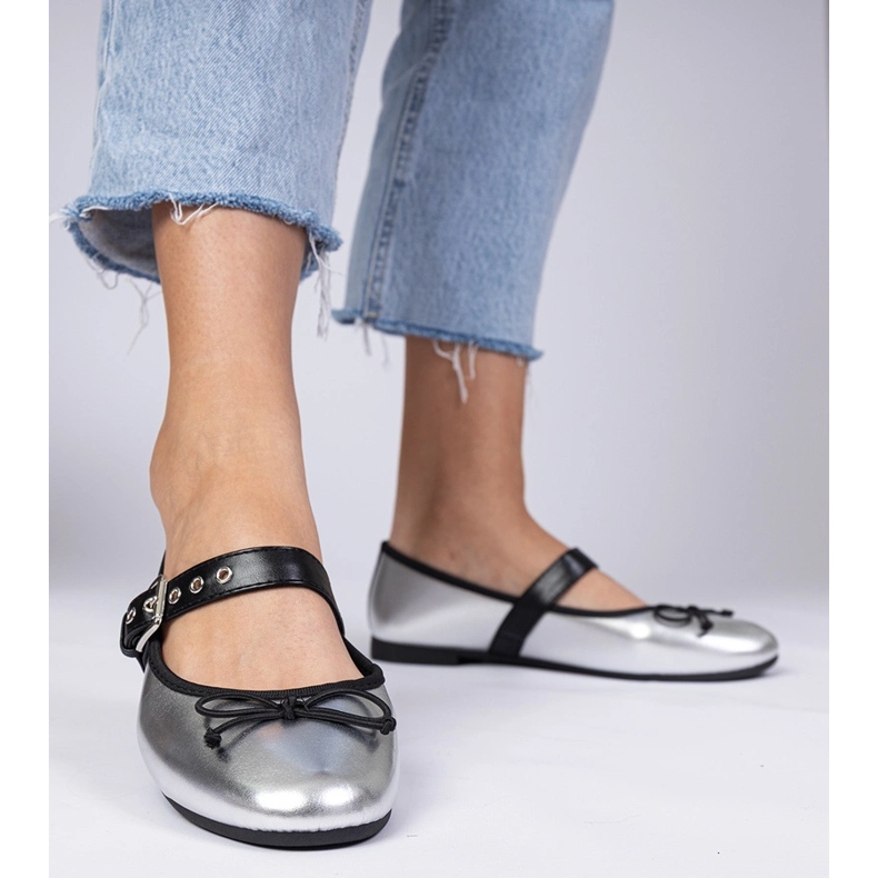 Silver women's ballerinas with a bow 1