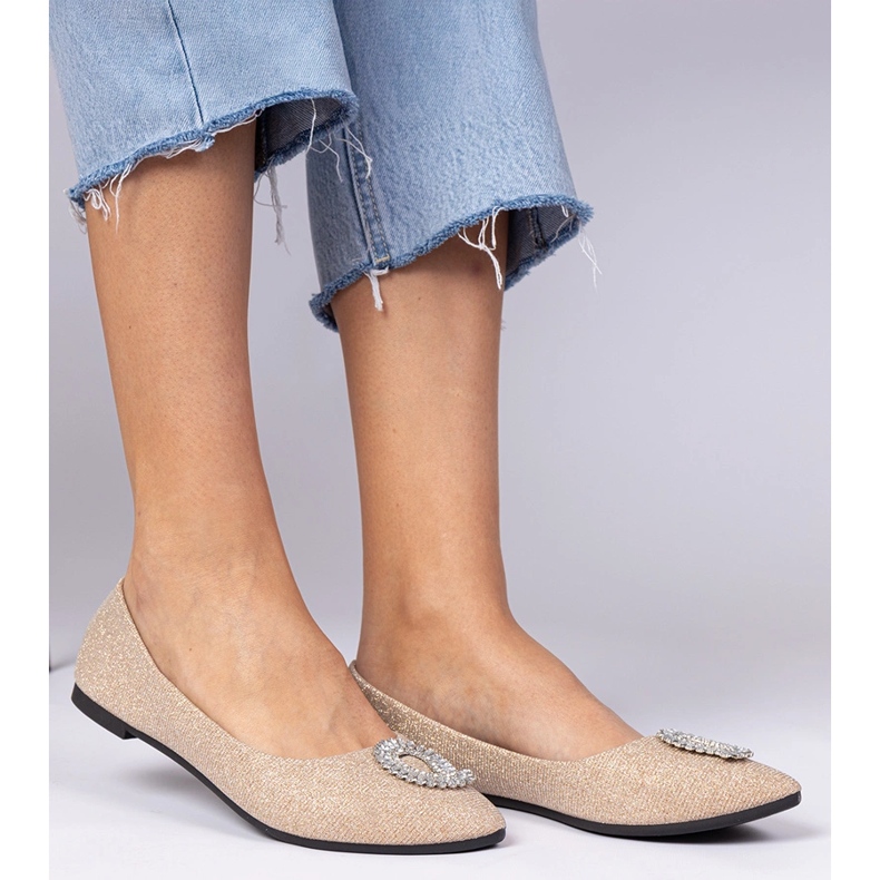 Women's champagne glitter ballerinas with zircons golden 1