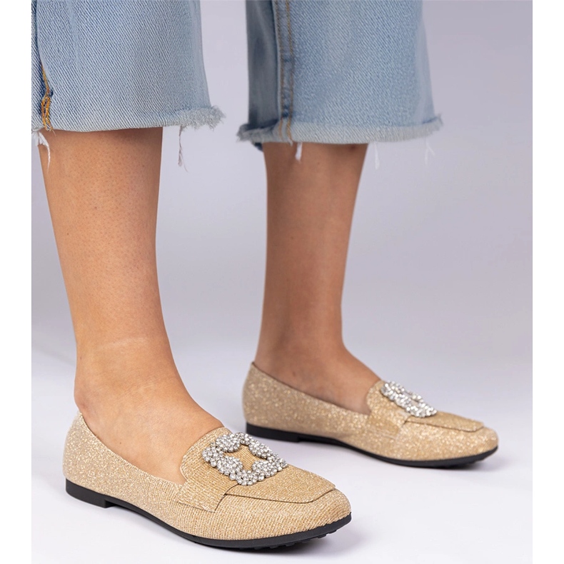 Golden glitter loafers with zircons 1