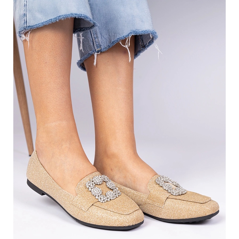 Golden glitter loafers with zircons 2