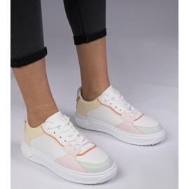 White and yellow sports sneakers from eco-leather 1