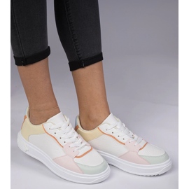 White and yellow sports sneakers from eco-leather 2
