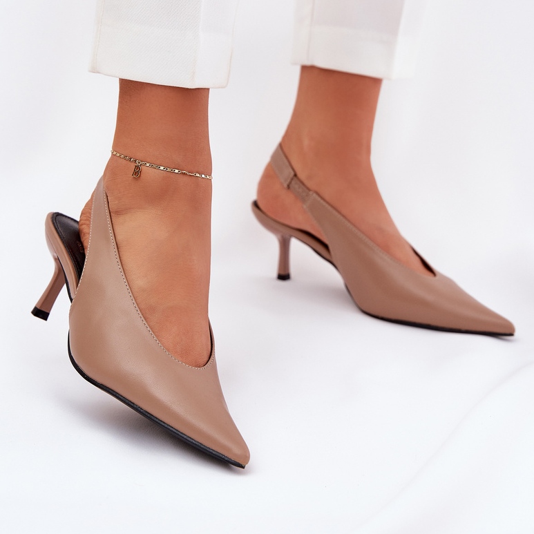 High heels with a dark -bearing leather eco heel beige 2