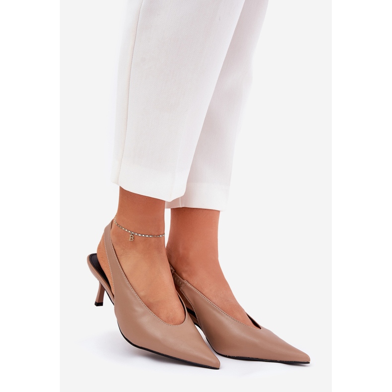 High heels with a dark -bearing leather eco heel beige 1