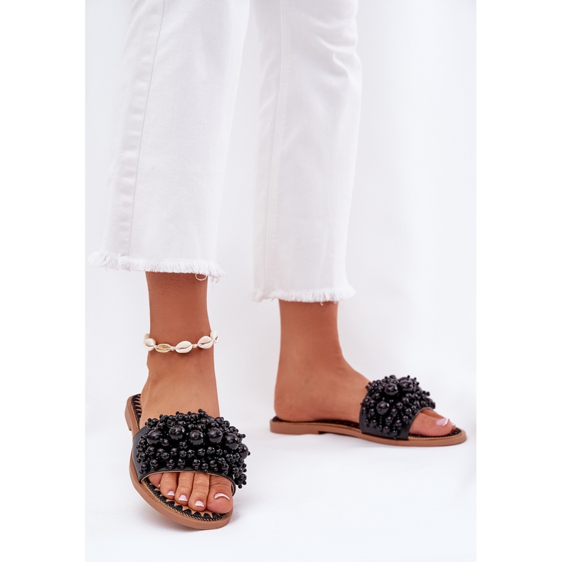 Flat women's slippers with decorative beads black beads 2
