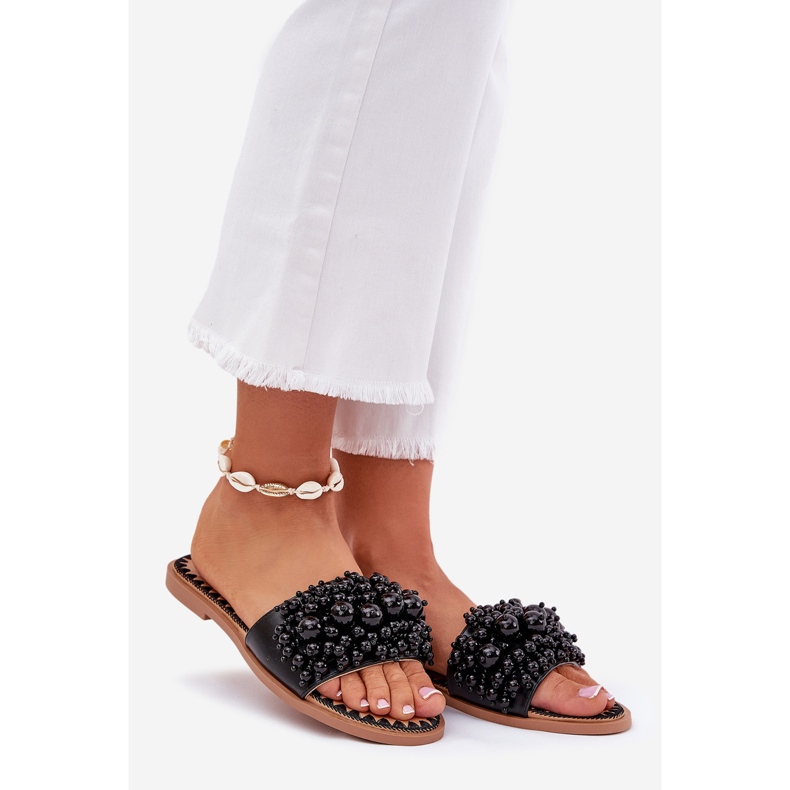 Flat women's slippers with decorative beads black beads 1