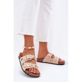 Women's slippers on a cork sole with buckles and pins beige 2