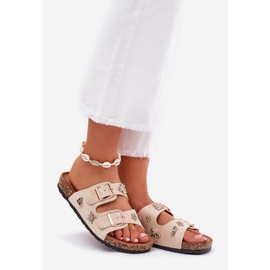 Women's slippers on a cork sole with buckles and pins beige 1